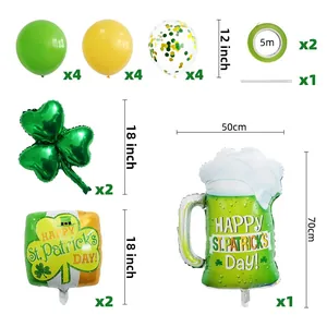 Detailed breakdown of St. Patrick’s Day balloon set with shamrocks and beer mug designs