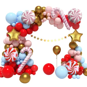 Pink and red Christmas balloon arch kit with candy canes and star garland decoration