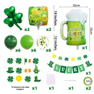 Detailed set of St. Patrick's Day shamrock and beer mug foil balloons for party decoration