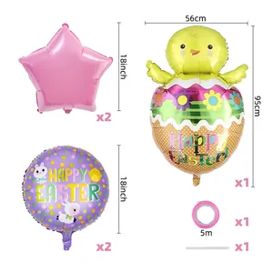 Dettaglio del set di 6 palloncini pasquali in alluminio con pulcini, conigli e stelle