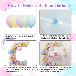 Detailed four-step assembly guide for a 145pcs macaron rainbow balloon garland arch kit