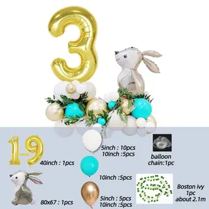 Detailed component list of 33-piece Easter rabbit balloon set with numeric foil and ivy