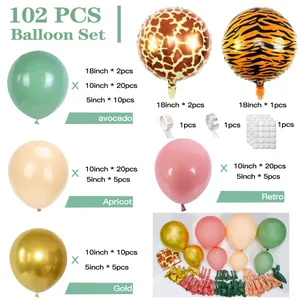 Detailed breakdown of 102-piece jungle balloon garland kit with tiger foil balloons