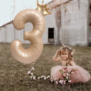Caramel number 3 foil balloon with mini golden crown for kid birthday party decor