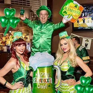 St. Patrick's Day party set with shamrock and beer mug foil balloons in vibrant green
