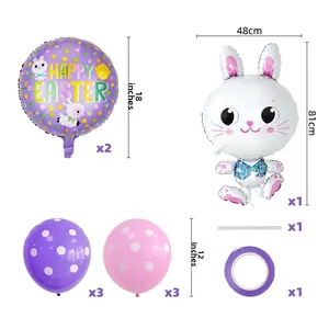 Easter decoration set including cartoon bunny balloon and purple Happy Easter foil balloons