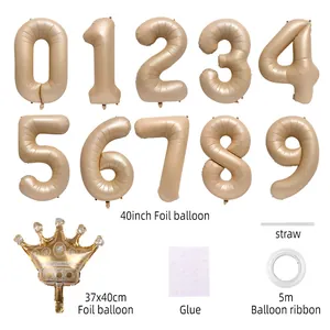 40-inch caramel number balloon set with golden crown and ribbons for birthday decor