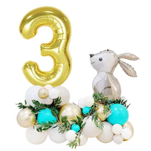 3rd birthday gray bunny balloon set with gold number 3 and colorful latex balloon base
