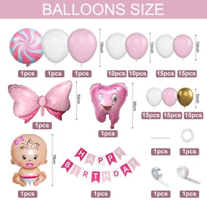 Detailed size chart for baby shower balloon arch kit including various pastel latex balloons