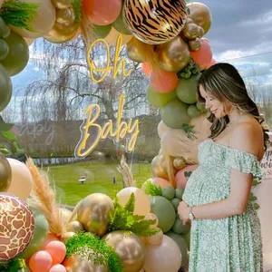 Jungle tiger print balloon arch set with Oh Baby neon sign for baby shower party decoration