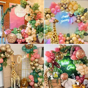 Jungle safari balloon arch kit with animal prints and giraffe lion props for party decor