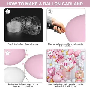 DIY guide showing how to assemble a baby shower balloon arch kit with pink and gold balloons