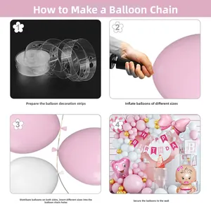 DIY baby shower balloon arch kit showing assembly steps with pump and hole strip