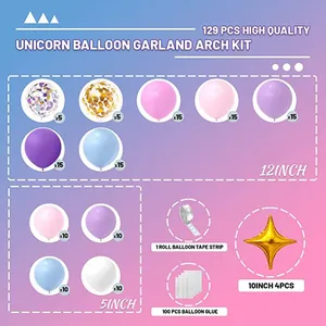 Detailed components list of 129pcs unicorn party balloon arch kit with accessories