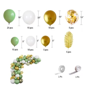 Elenco di palloncini verde salvia, bianchi e dorati con foglie per archi decorativi