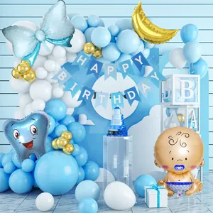 Blue and gold baby shower balloon arch kit with foil moon and cartoon baby balloons