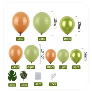 Kit d'arche de ballons jungle détaillé montrant diverses tailles de 5 à 18 pouces et feuilles