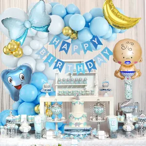 Blue and white baby shower balloon arch kit with happy birthday banner and foil shapes