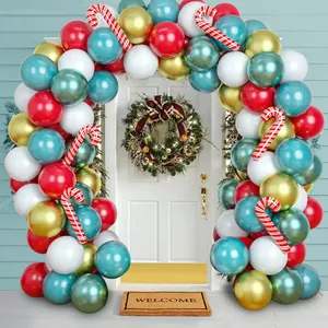 Detail of Christmas balloon arch with tiffany blue, gold and candy cane balloons