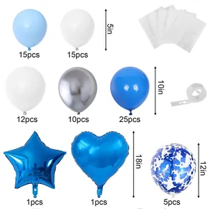 Blue and silver balloon arch kit details with stars, hearts and assorted sizes for parties