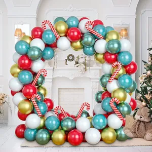 Christmas balloon arch kit with red white and teal latex balloons and candy cane foils