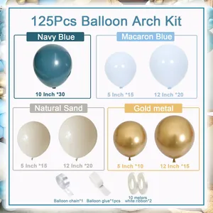 Détails des composants du kit de guirlande de ballons bleu marine et or 125 pièces