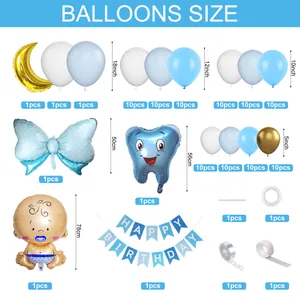 Balloon size chart showing 18/12/10/5 inch latex and foil balloons with assembly tools