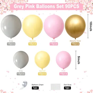 Detailoverzicht van de 90-delige ballonnenboog set met roze, grijze en metallic gouden ballonnen