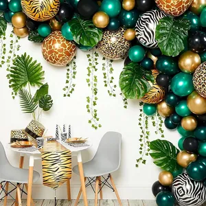 Safari Jungle Theme Balloon Arch Kit With Animal Print Foil Balloons Latex Balloons And Faux Monstera Leaves For Birthday Party Decoration