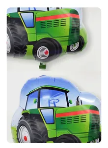 Macro detail of a green tractor foil balloon for farm themed birthday party decorations