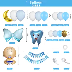 Balloon set detail chart showing blue and gold baby shower decorations in various sizes