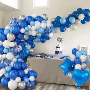 Blue and silver balloon arch kit with star and heart foil balloons for 1st birthday party