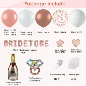 Rose gold bridal shower balloon arch kit with champagne bottle and diamond ring balloons