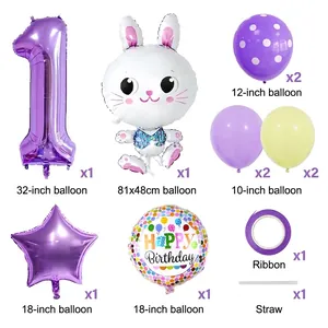 Kit ballons chiffre 1 violet avec lapin mignon et étoiles pour premier anniversaire
