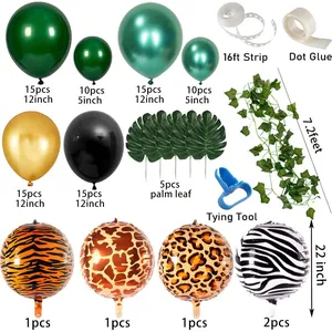 Jungle safari theme party kit with assorted animal print balloons and ivy vines