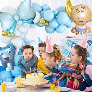 Blue and gold baby shower balloon arch kit with tooth shaped foil balloons for boys