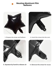 Step-by-step guide for deflating reusable black star-shaped foil balloons with a straw
