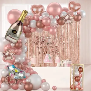 Rose gold bridal shower balloon kit with champagne bottle, ring and bride to be foil letters