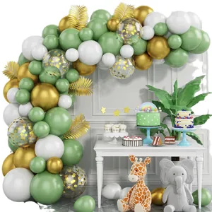 Kit arco di palloncini verde salvia e oro con foglie per decorazione di nozze