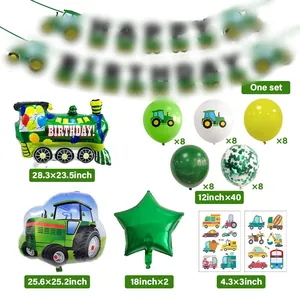 Tractor theme birthday party set with banners, tractor foil balloons and green latex balloons