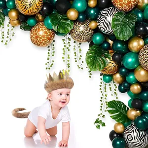 Jungle themed party balloon garland set with green gold latex and animal print patterns