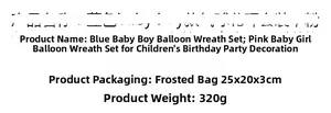 Detailed specifications of the pink and blue balloon garland kit weighing 320g for parties