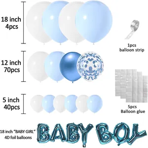 Detail view of pink and blue baby shower balloon arch kit with sizes and accessories