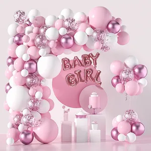 Pink and white baby shower balloon garland kit with baby girl rose gold foil balloons