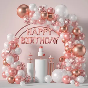 Arche de Ballons Rose Gold Happy Birthday en Latex Confettis et Lettres en Film d'Aluminium Pour Décoration de Fête d'Anniversaire Mariage