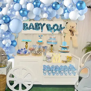 Detail of baby boy balloon arch kit with blue metallic and confetti latex balloons