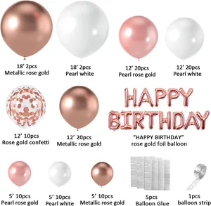 Détail du kit de ballons d'anniversaire or rose avec dimensions et quantités indiquées