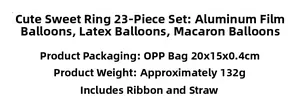Detailed specs for the 23pcs donut balloon set showing aluminum foil and latex material info
