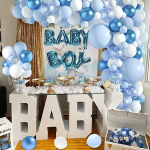 Blue and white baby boy shower balloon garland kit with baby letter table setup
