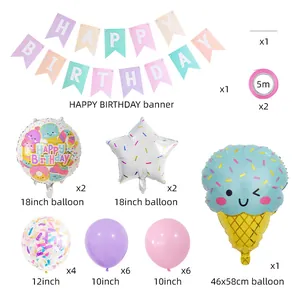 Detailansicht des Eiscreme-Party-Sets mit Ballons, Girlande und Macaron-Dekorationen